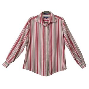 Faconnable Women M Classic Pink Red Striped Button Down Shirt Long Sleeve Cotton